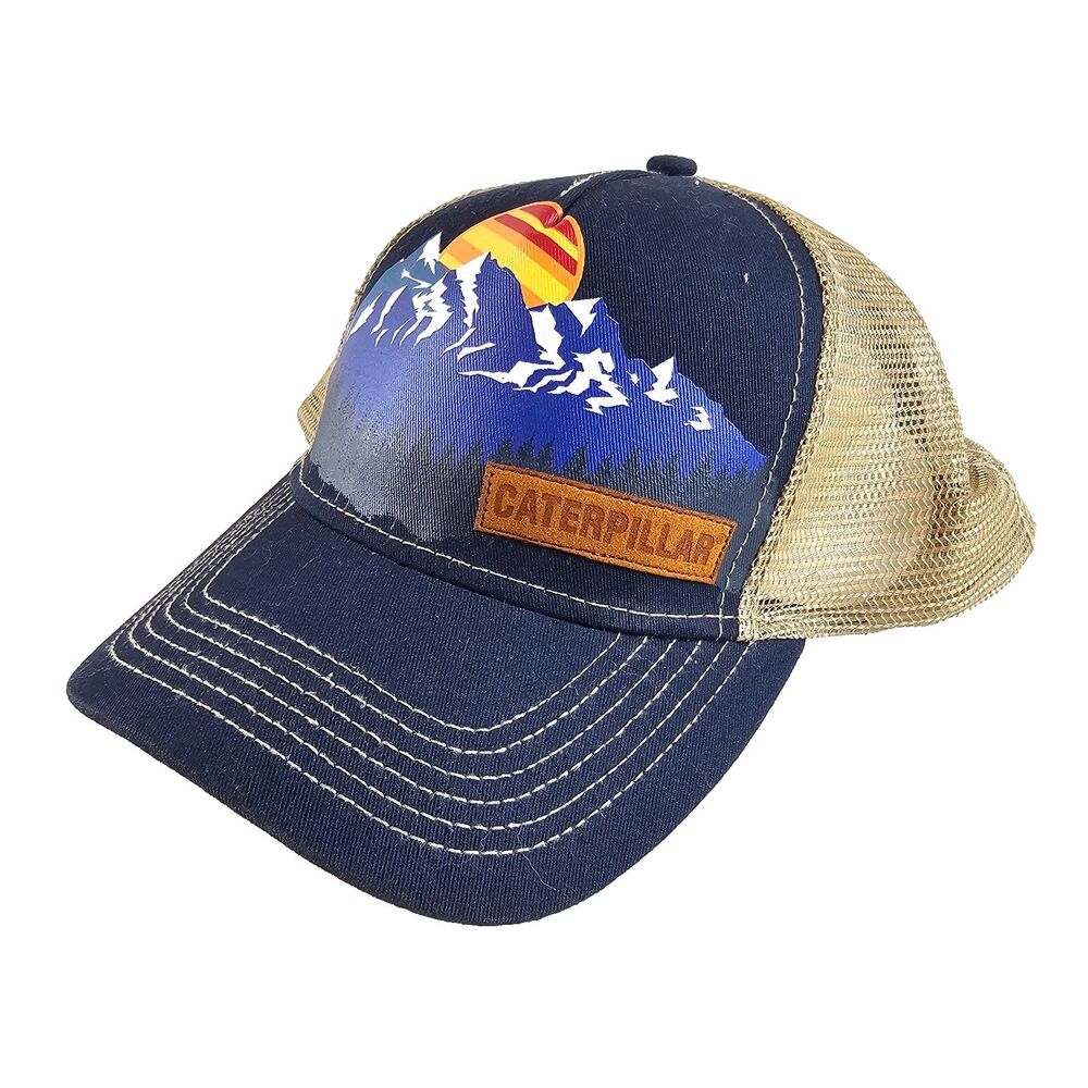 Caterpillar CAT Hat Navy Tan Mesh Trucker Snapback Mountain Moon Workwear